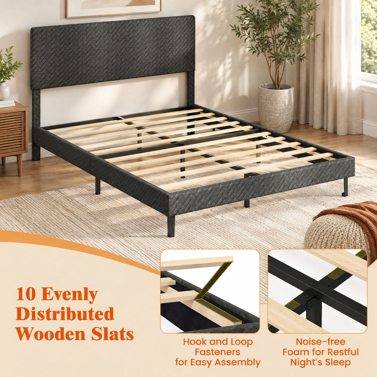 Airfind Twin/Full/Queen Size Velvet Bed Frame Upholstered Platform Bed with Chevron Headboard Gray, 500 lbs Capacity, Velvet Frame, Gray
