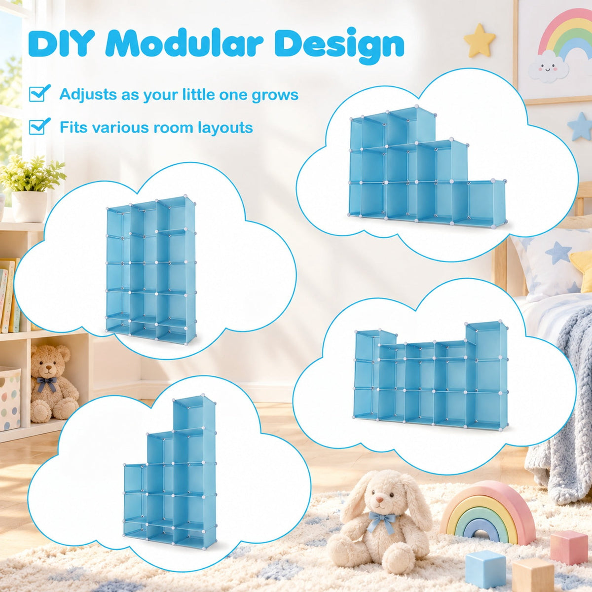 Airfind Modular Baby Wardrobe with 13 Cubes and Hanging Rod and Shelves Stackable, 6.5 lbs Capacity, PP Frame, 43 x 14 x 63 Footprint, Blue