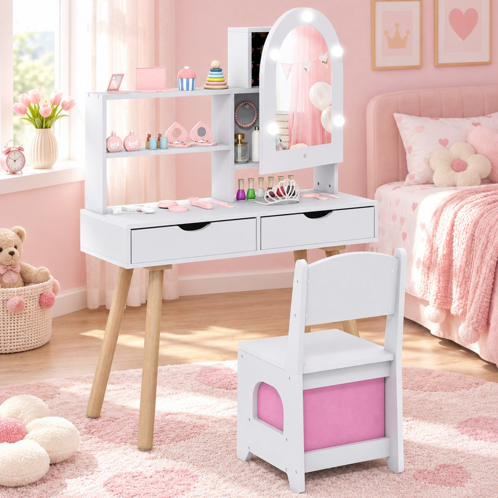 Airfind Kids Vanity Set Pretend Play Dressing Table Set with 3-Color Lighting Modes and Mirror Cabinet, 44 lbs Capacity, MDF Frame, White