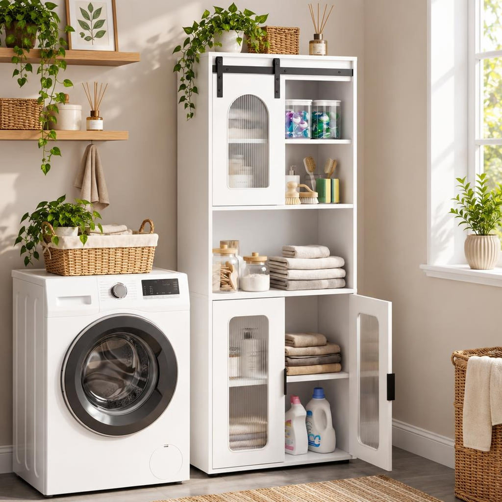 Airfind Farmhouse Bathroom Floor Cabinet featuring Sliding Barn Door, 44 lbs Capacity, Engineered Wood Frame, 23.5 Inch x 12 Inch x 59 Inch Footprint, White