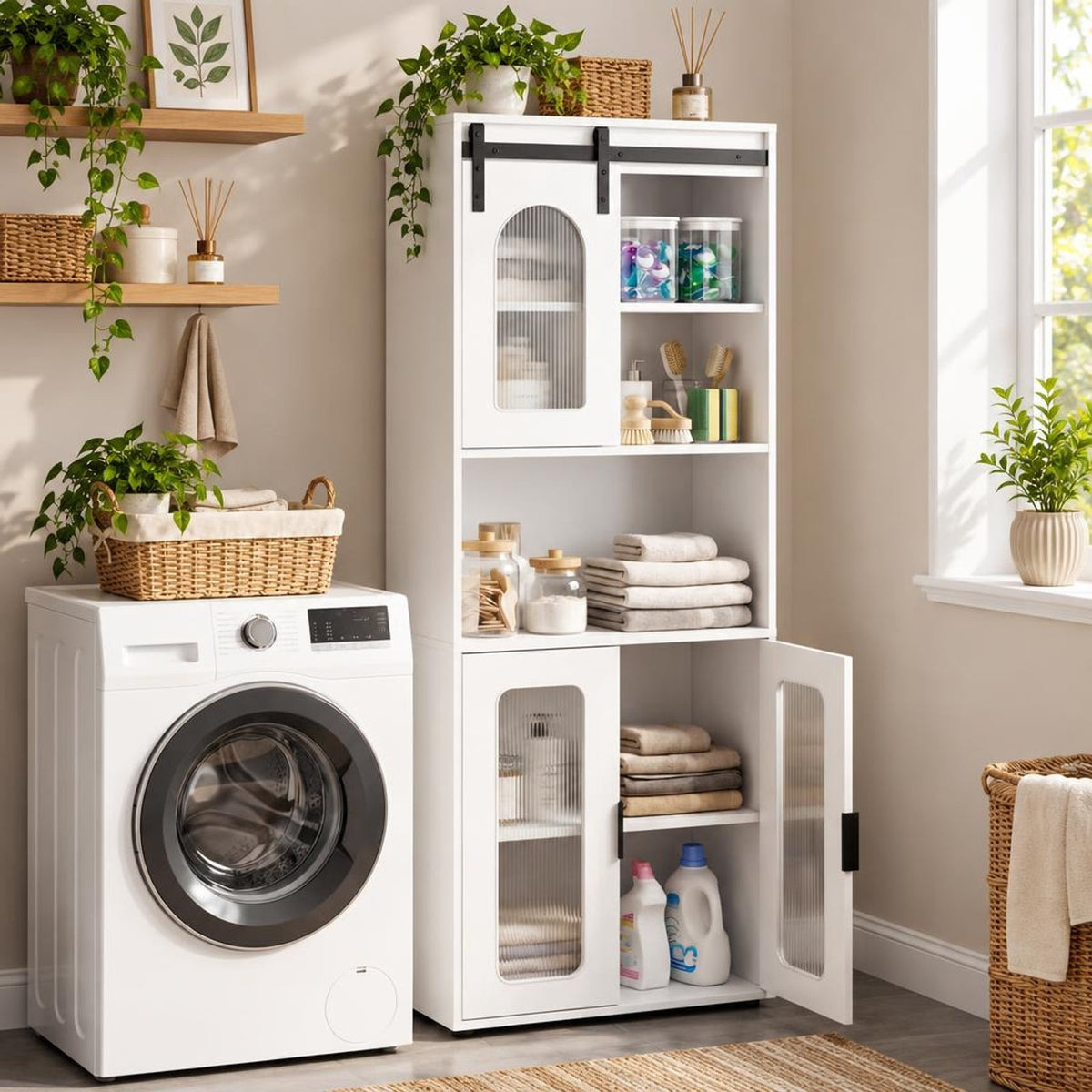 Airfind Farmhouse Bathroom Floor Cabinet featuring Sliding Barn Door, 44 lbs Capacity, Engineered Wood Frame, 23.5 Inch x 12 Inch x 59 Inch Footprint, White