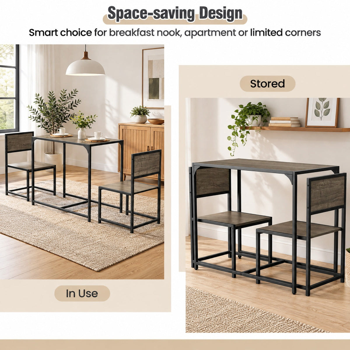 Airfind 3 Pieces Dining Set Compact Table and 2 Chair with Metal Frame for Small Space, 200 lbs Capacity, Engineered Wood Metal Frame, Rustic Brown