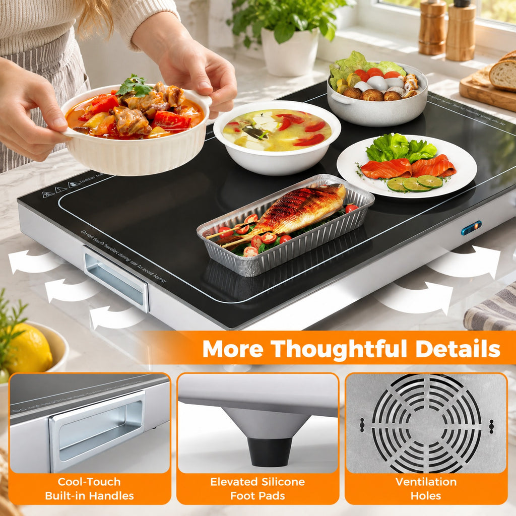 Airfind Electric Warming Tray with Adjustable Temperature and Built, Tempered Glass Stainless Steel Galvanized Steel Frame, Black and Silver