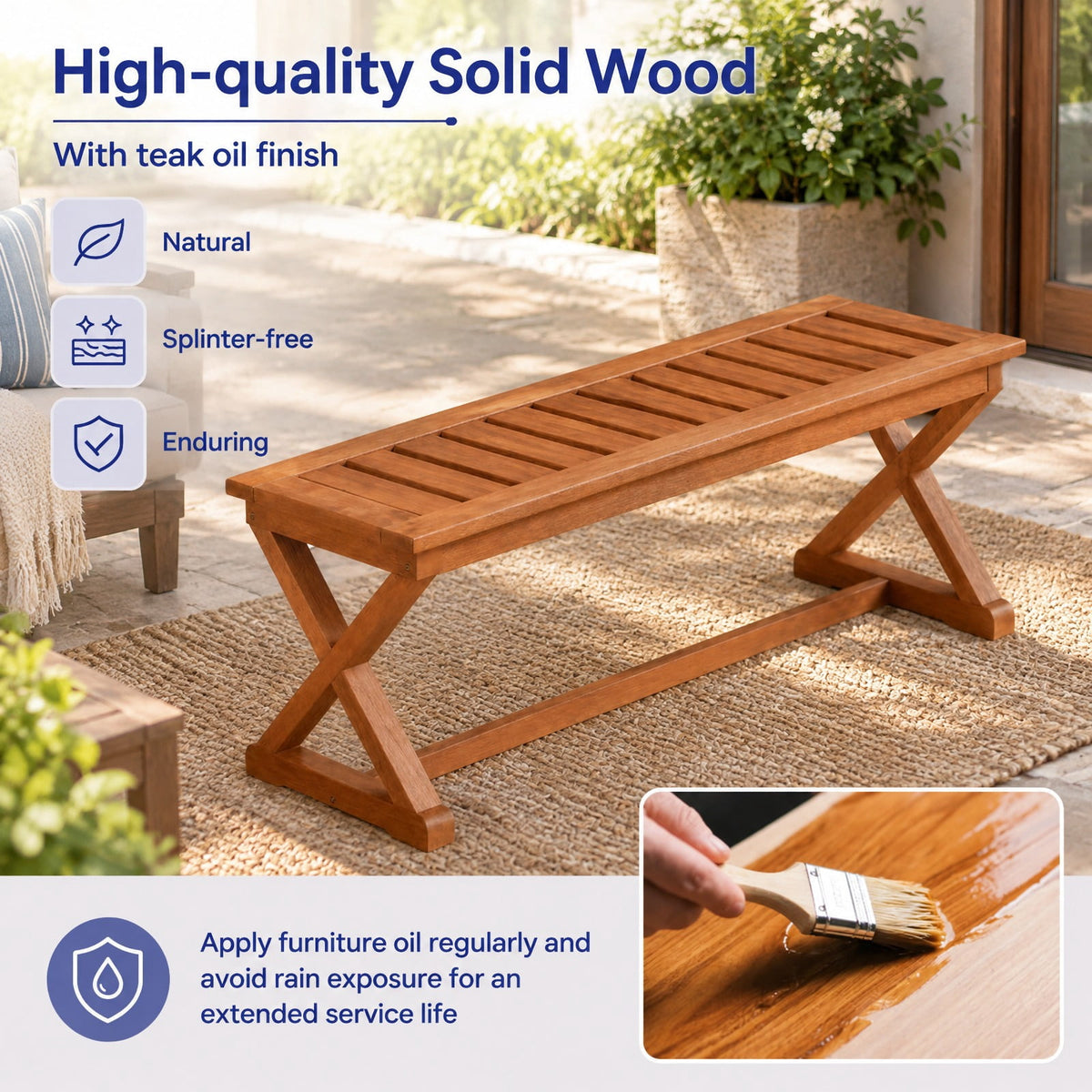 Airfind 2-Person 44 Solid Wood Outdoor Bench with Slatted Seat for Patio Park Balcony-1 Piece, 44 x 16.5 x 17Weight Footprint, Wood