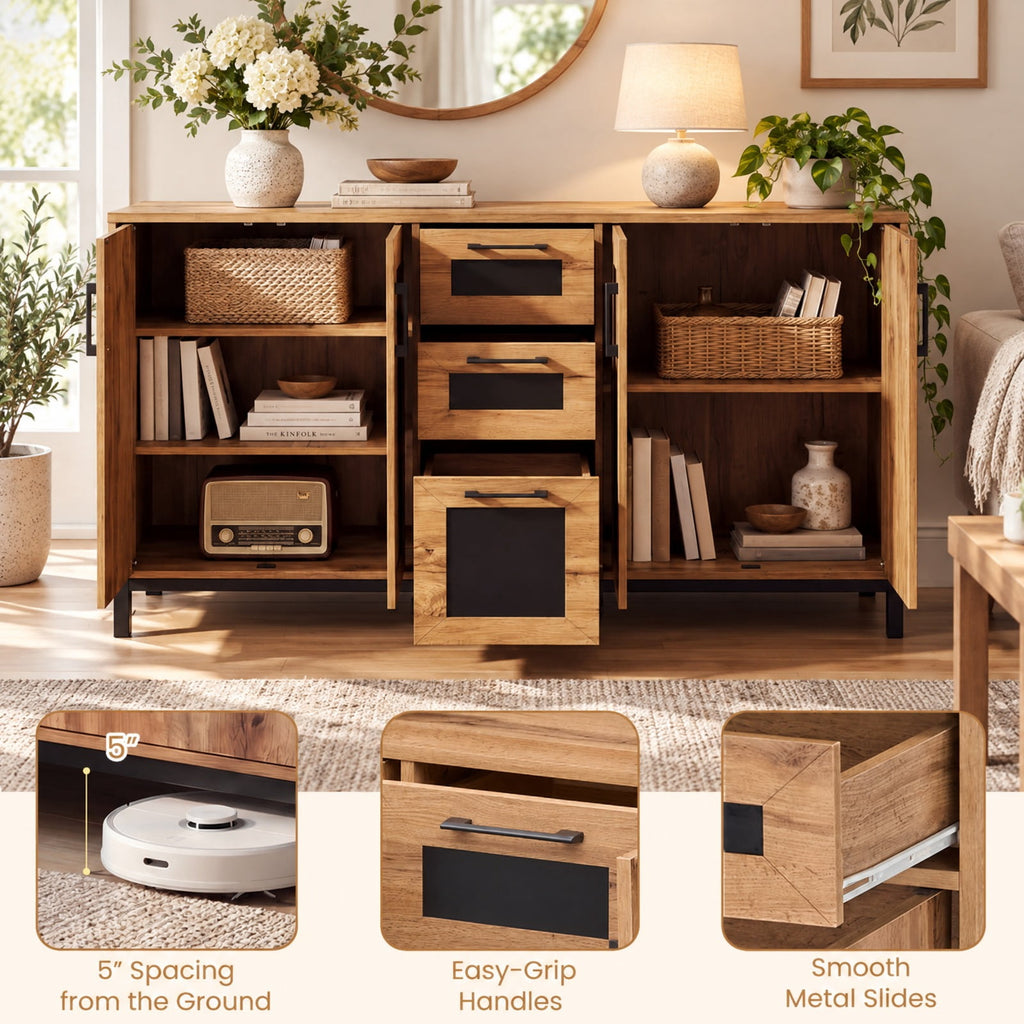 Airfind 63 Inch Sideboard Buffet Cabinet with 3 Drawers and Storage Shelves, 135 lbs Capacity, Engineered Wood Frame, 63 Inch x 16 Inch x 37.5 Inch Footprint