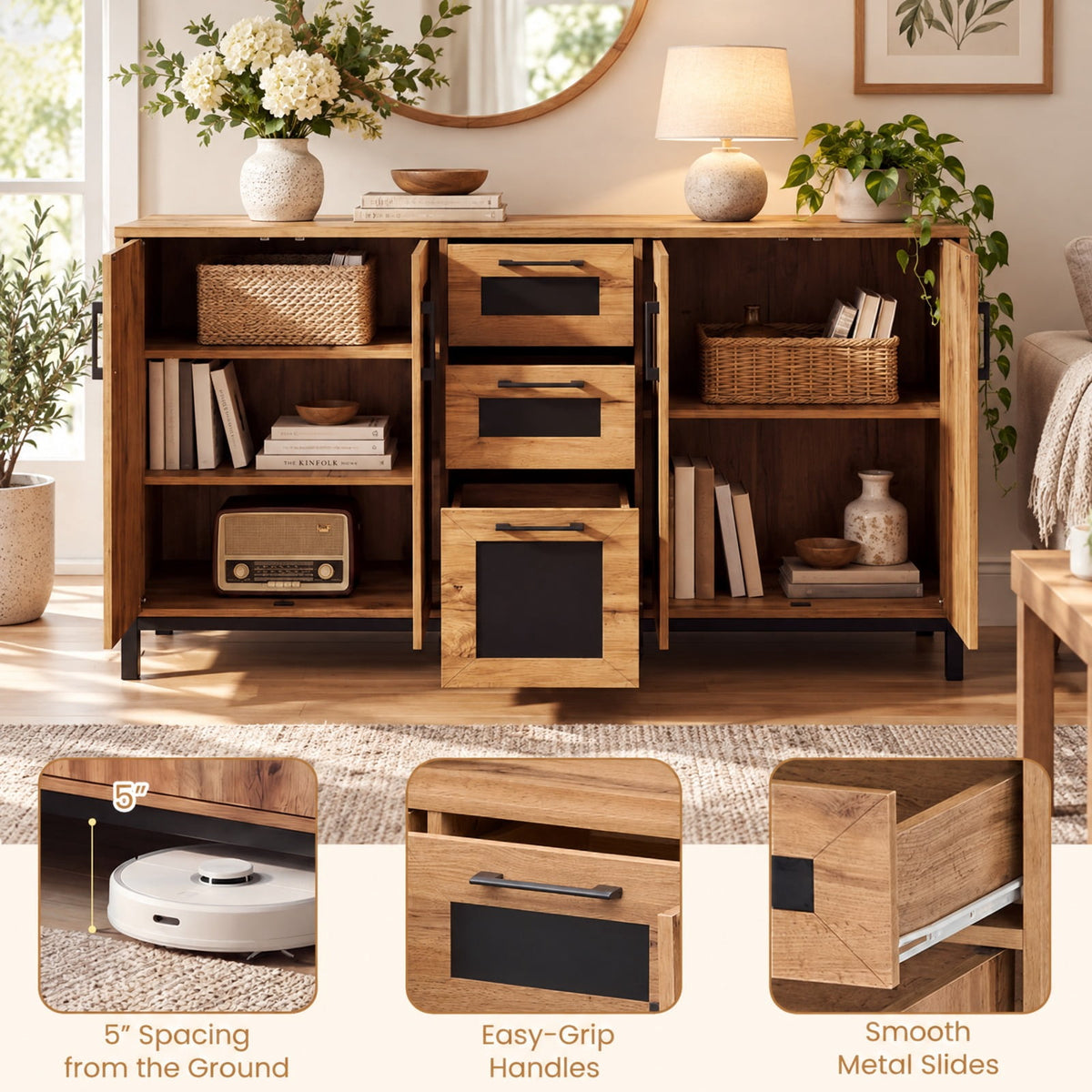 Airfind 63 Inch Sideboard Buffet Cabinet with 3 Drawers and Storage Shelves, 135 lbs Capacity, Engineered Wood Frame, 63 Inch x 16 Inch x 37.5 Inch Footprint
