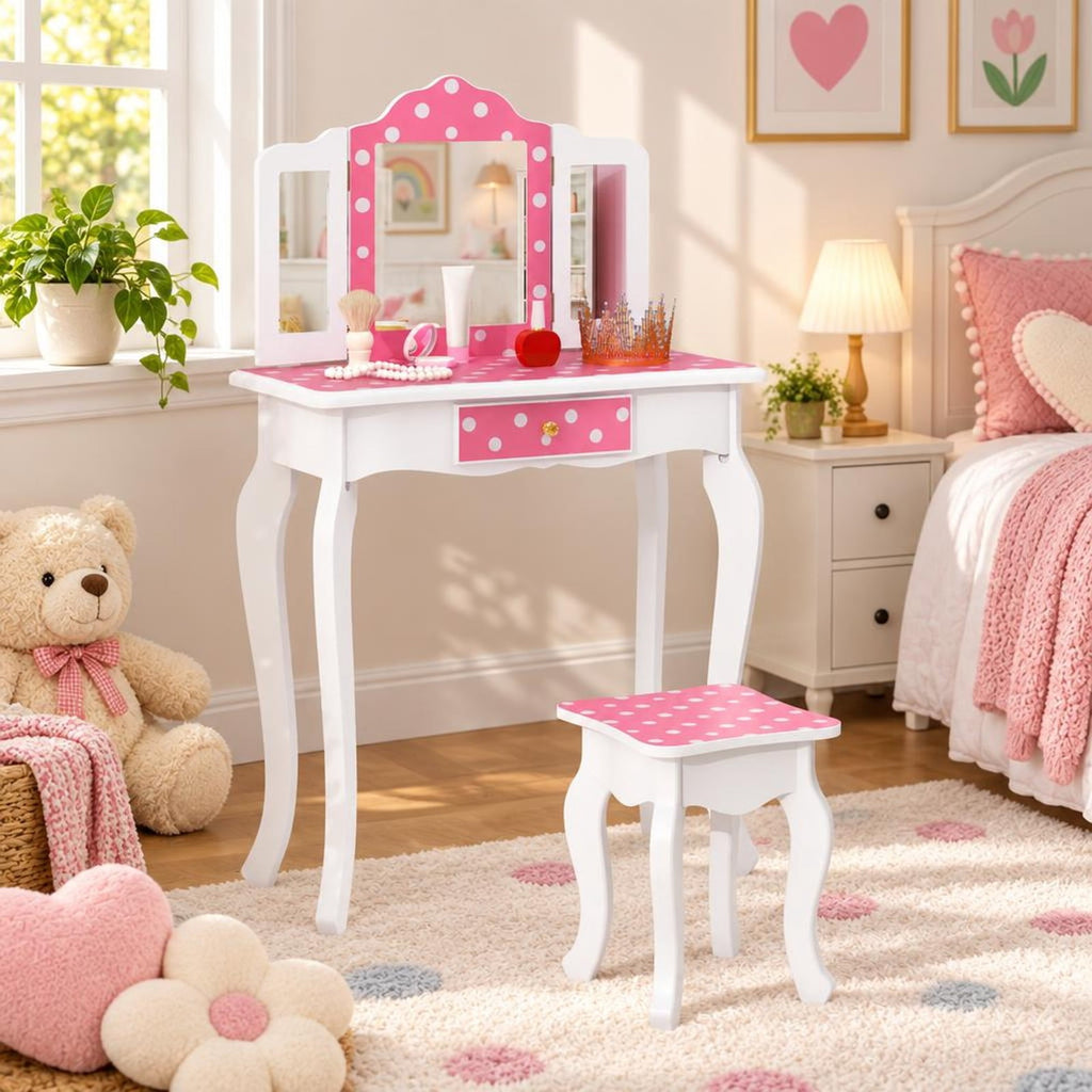 Airfind Princess Pretend Play Makeup Dressing Table with Cute Polka Dot Print, 66 lbs Capacity, MDF Acrylic Frame, for 3-7 Years Old, Pink