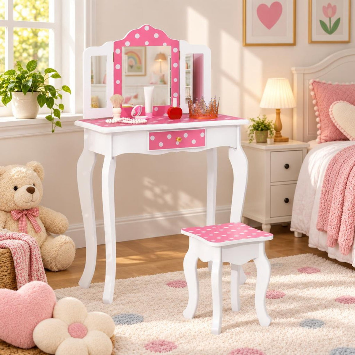 Airfind Princess Pretend Play Makeup Dressing Table with Cute Polka Dot Print, 66 lbs Capacity, MDF Acrylic Frame, for 3-7 Years Old, Pink