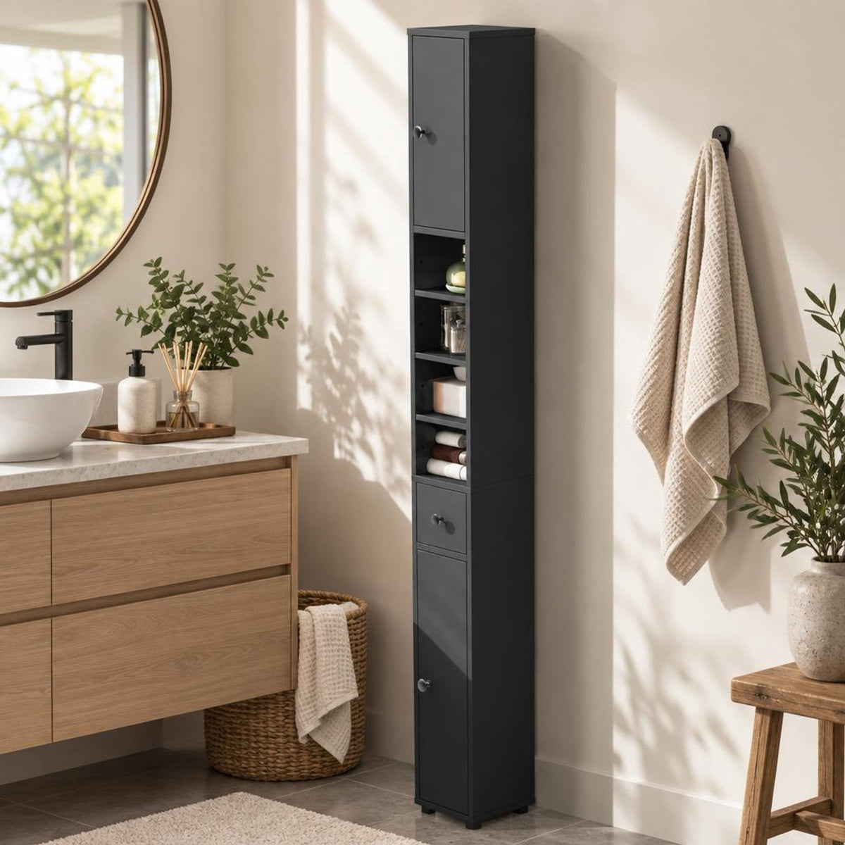 Airfind Freestanding Slim Bathroom Cabinet with Drawer and Adjustable Shelves, 110 lbs Capacity, MDF Frame, 8in x 8in x 71in Total Footprint, Gray