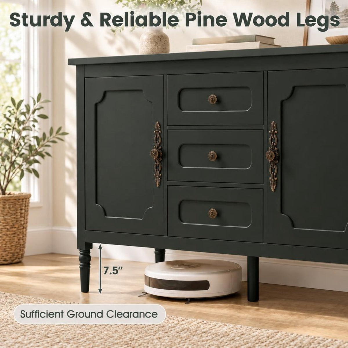 Airfind 47 Inch Vintage Buffet Cabinet with 3 Drawers 2 Cabinets and Adjustable Shelves for Dining Room, 110 Lbs Capacity, 47 Inch X 15.5 Inch X 31.5 Inch, Green