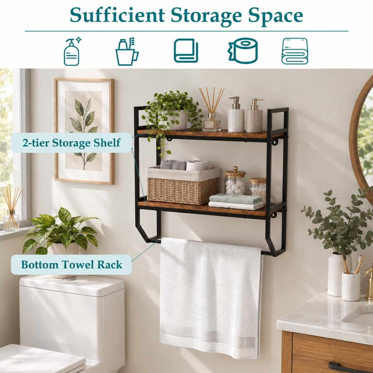 Airfind Over the Toilet Shelf Wall Mounted with Metal Frame for Bathroom, Engineered Wood Metal Frame, 23 x 8 x 23 Footprint, Rustic Brown