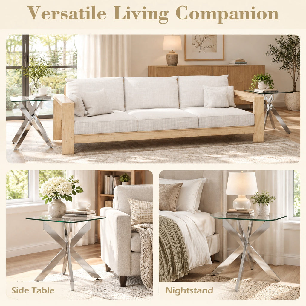 Airfind Glass Side Table Square End Table with Tempered Glass Top and Metal X Base, 20 Inch x 20 Inch x 22.5 Inch Load Footprint, Silver