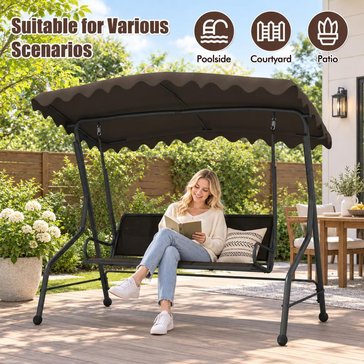 Airfind 3-Seat Outdoor Porch Canopy Swing with Adjustable Shading, 1000 lbs Capacity, Polyester Fabric Fabric Metal Frame, 88 x 59 x 76 Footprint