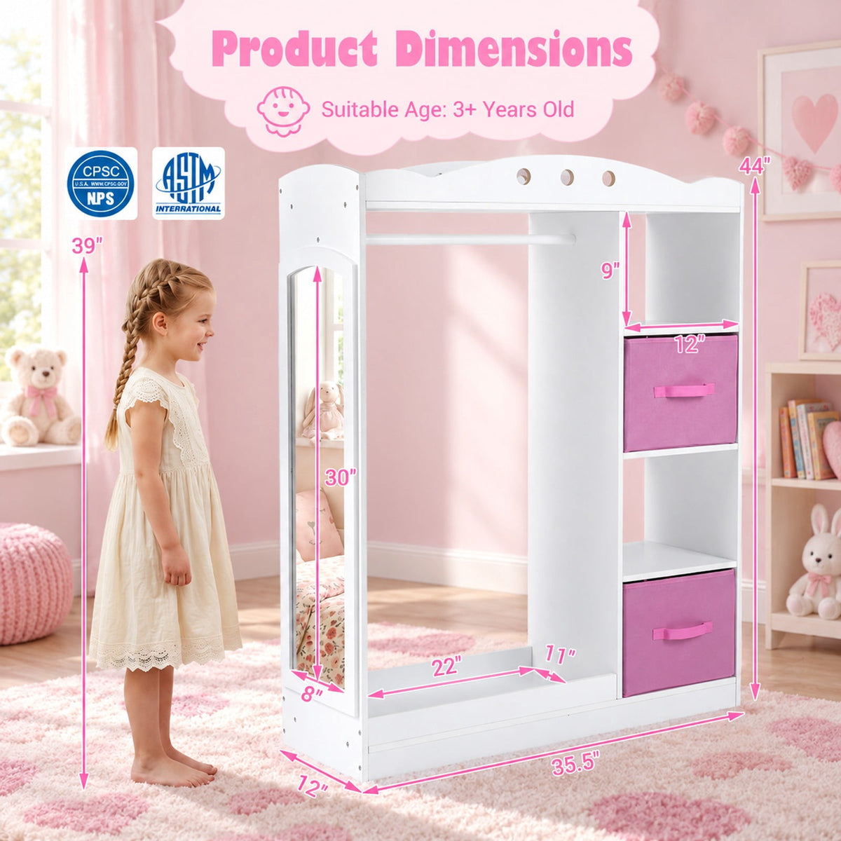 Airfind Kids Dress Up Storage with Full Length Mirror and Open Shelves, Engineered Wood Frame, for 3+ Years Old, 35.5in x 12in x 44in Footprint, White