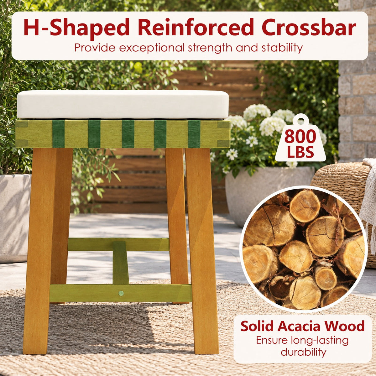 Airfind 48 inch Acacia Wood Outdoor Bench with Thick Padded Seat Cushion, 800 lbs Capacity, Acacia Wood Weaving Ropes Polyester Fabric Sponge Frame