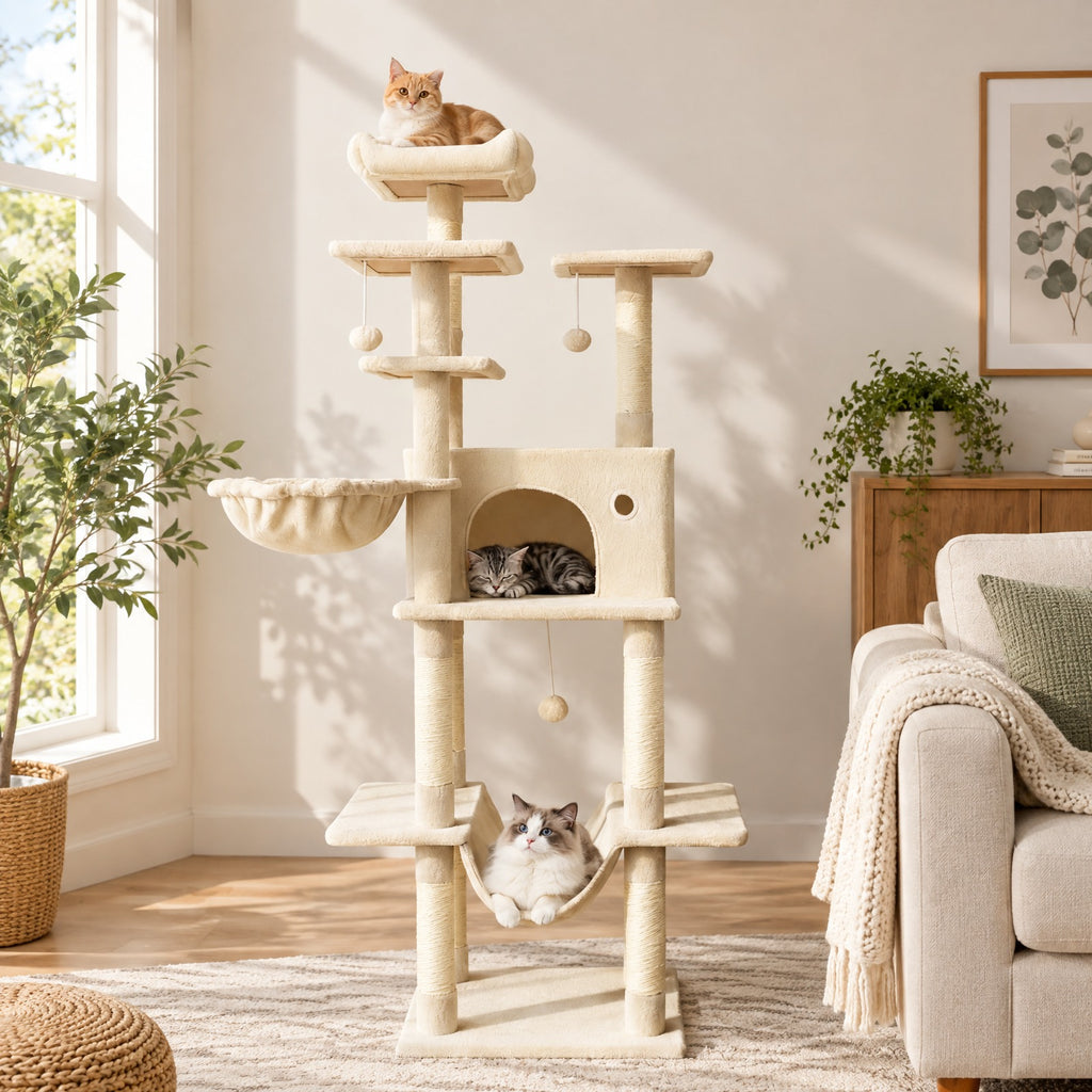Airfind Large Cat Tree for Indoor Cats 63 Inch Tall Cat Tower, Plush Fabric Sisal Engineered Wood Base Frame, Dark Gray
