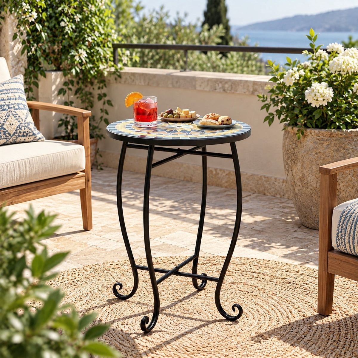 Airfind 14 Inch Floral Clover/Blooming Lotus/Bright Sunflower Mosaic Patio Accent Coffee End Table, 35 lbs Capacity, Metal Frame, 14 Inch x 20 Inch Footprint