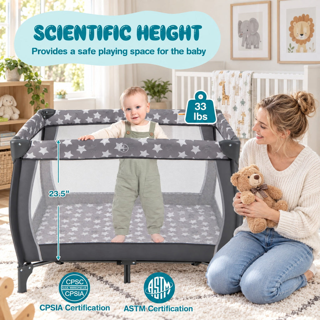 Airfind Portable Baby Playard with Changing Table Bassinet and Music Box, Oxford Cloth Sponge Iron PP Basic Baby Playard Frame, for 0-3 years old