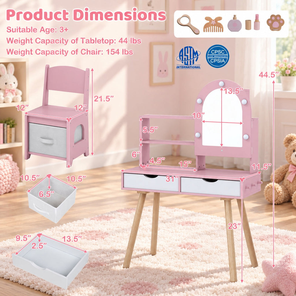 Airfind Kids Vanity Set Pretend Play Dressing Table Set with 3-Color Lighting Modes and Mirror Cabinet, 44 lbs Capacity, MDF Frame, Pink