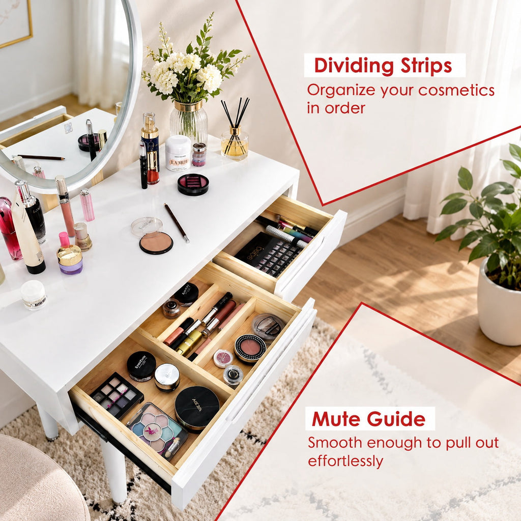 Airfind Touch Screen Vanity Makeup Table Stool Set with Lighted Mirror, MDF paint rubber wood cedar wood Frame, 31.5 x 16 x 54.5 Footprint, White