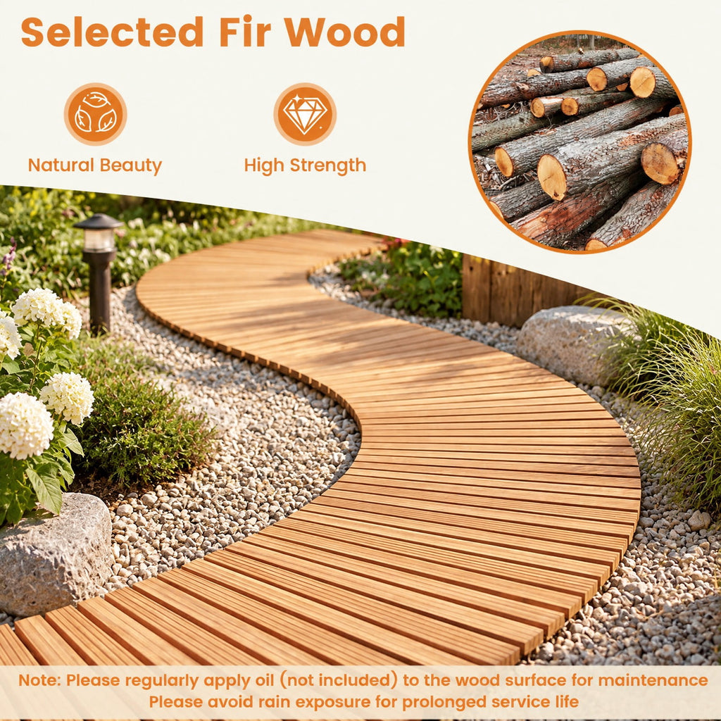 AIRFIND Wooden Garden Pathway with Curved Roll-Up Design, Textured Fir Wood Slats and Connected Wire Supports, 17 in Wide, Natural
