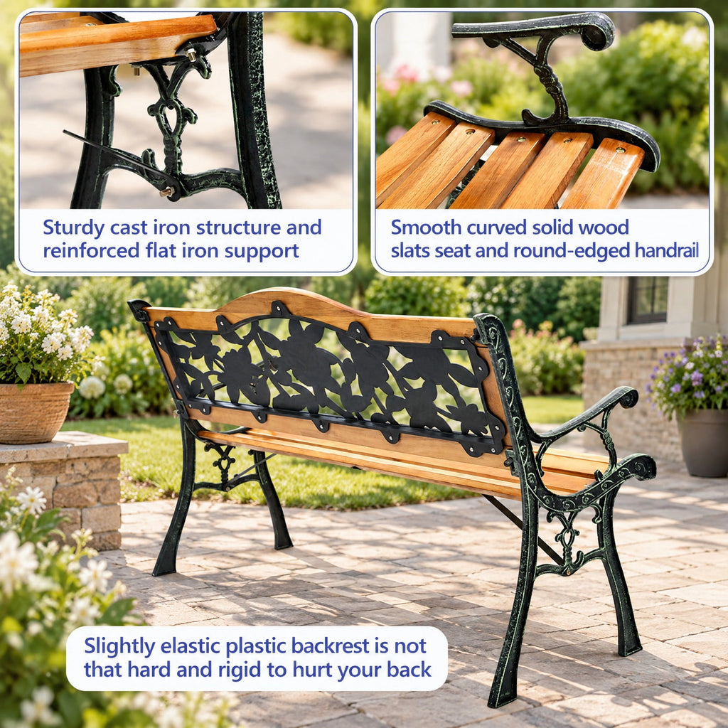 Airfind Garden Bench Chair Outdoor Wooden Loveseat with Iron Armrest, 463 lbs Capacity, Cast Iron Frame, Black + Natural