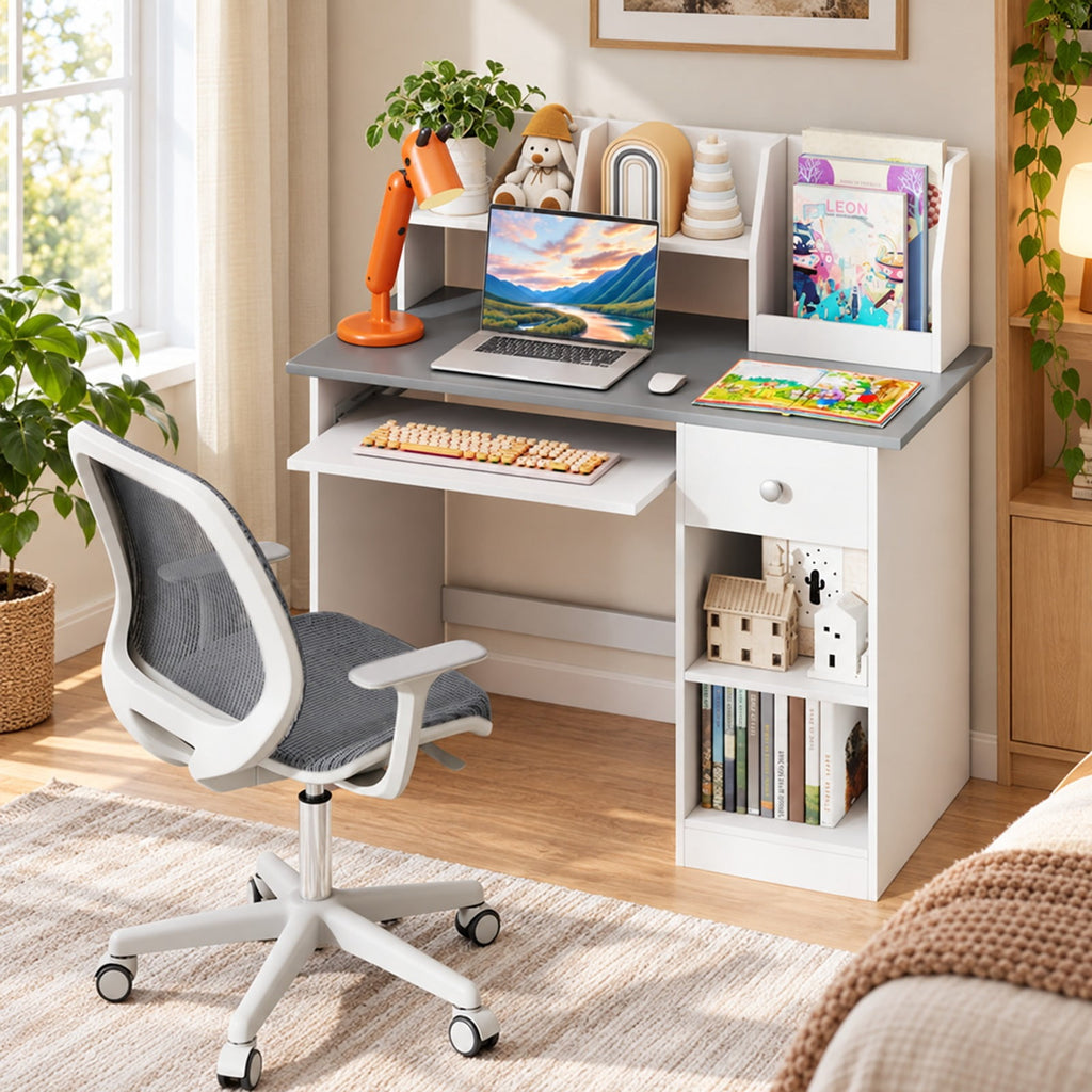 Airfind Kids Study Desk Children Writing Table with Hutch Drawer Shelves and Keyboard Tray, 200 lbs Capacity, Engineered Wood Frame, Grey