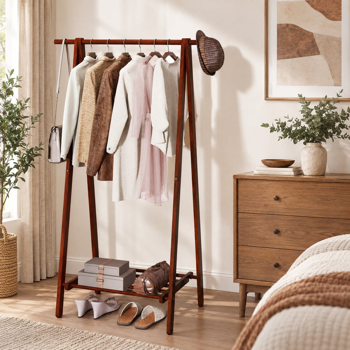 Airfind Folding Rubber Wood Clothes Hanging Rack Standing Garment Rack with Bottom Storage Shelf, 33 lbs Capacity, Rubber Wood Unfolding Frame
