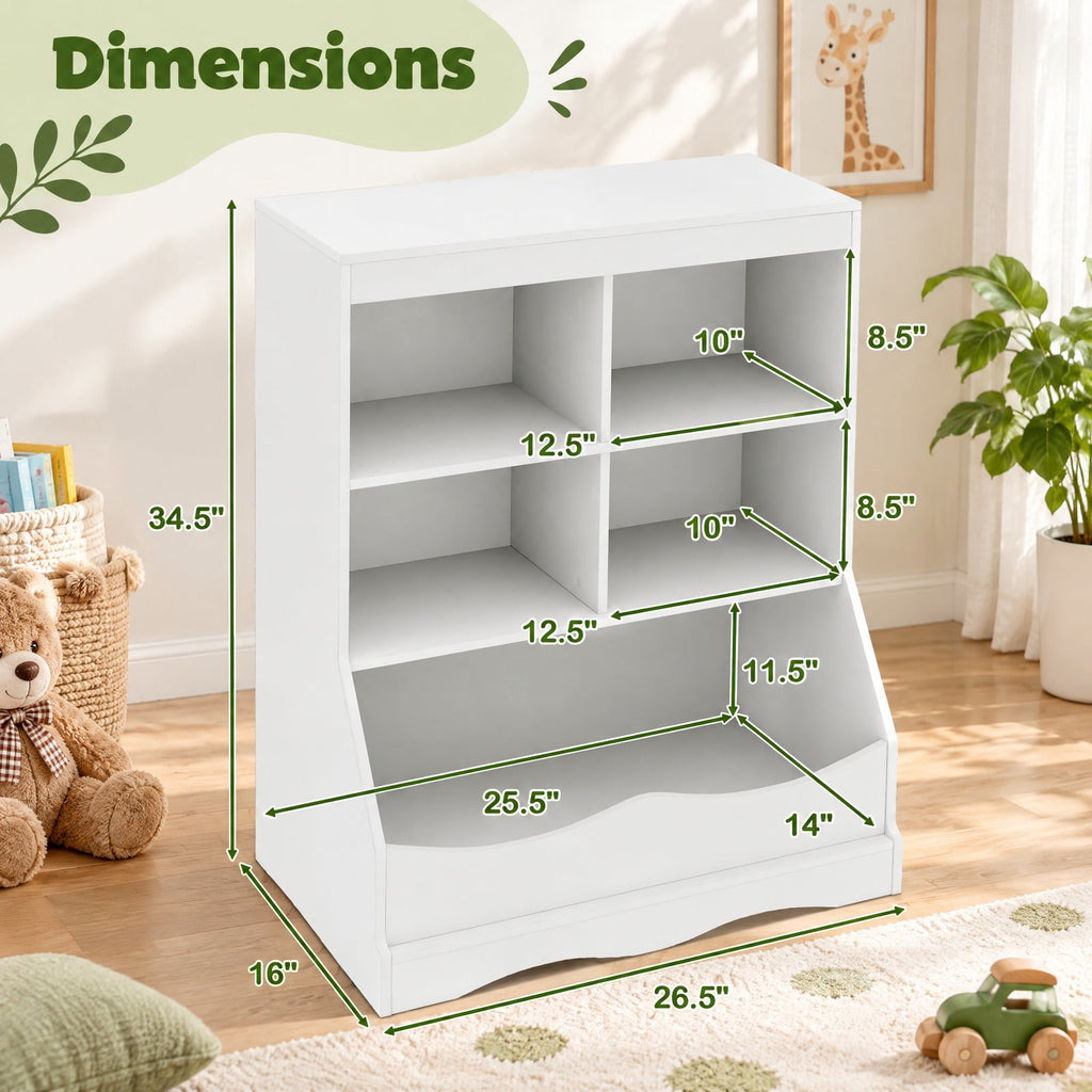 Airfind 3-Tier Childrens Multi-Functional Bookcase Toy Storage Bin Floor Cabinet, 66 lbs Capacity, MDF Engineered Wood Frame, White