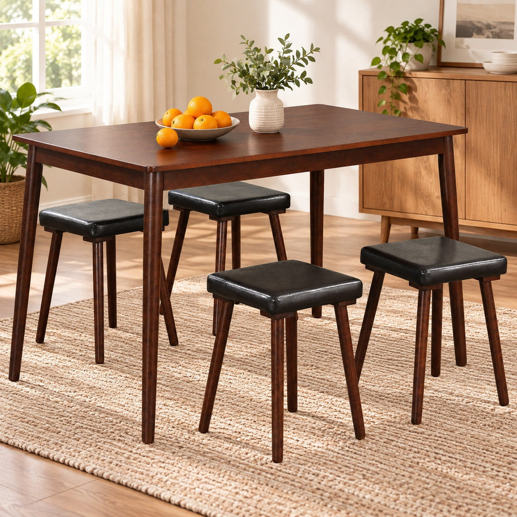 Airfind 5 Piece Dining Table Set for 4 with 4 Upholstered Stools and Rubber Wood Legs, Brown, for Everyday Home Use, for Easy Setup