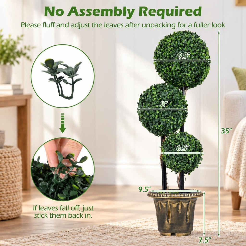 Airfind 35 Inches Artificial Boxwood Topiary Tree Triple Ball Shrubs, PE Metal Solid Wood Cement PP Tree Height 29 Inch /35 Inch Pot Frame