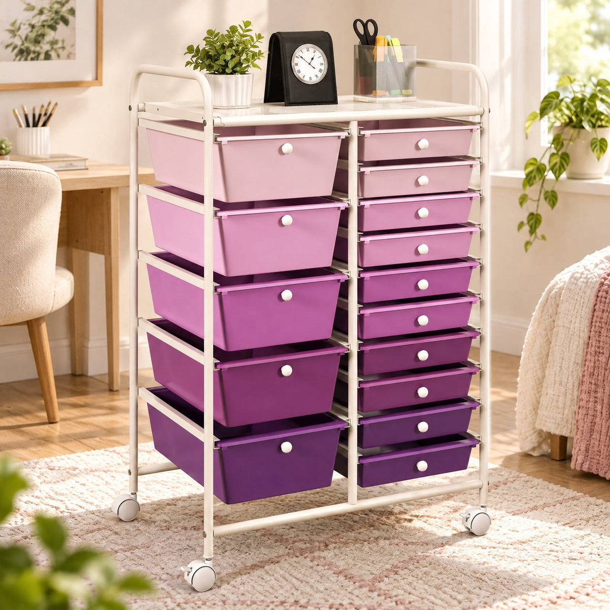 Airfind 15-Drawer Utility Rolling Organizer Cart Multi-Use Storage, Steel frame and plastic boxes Frame, 25 x 14.5 x 34.5 Footprint, Purple