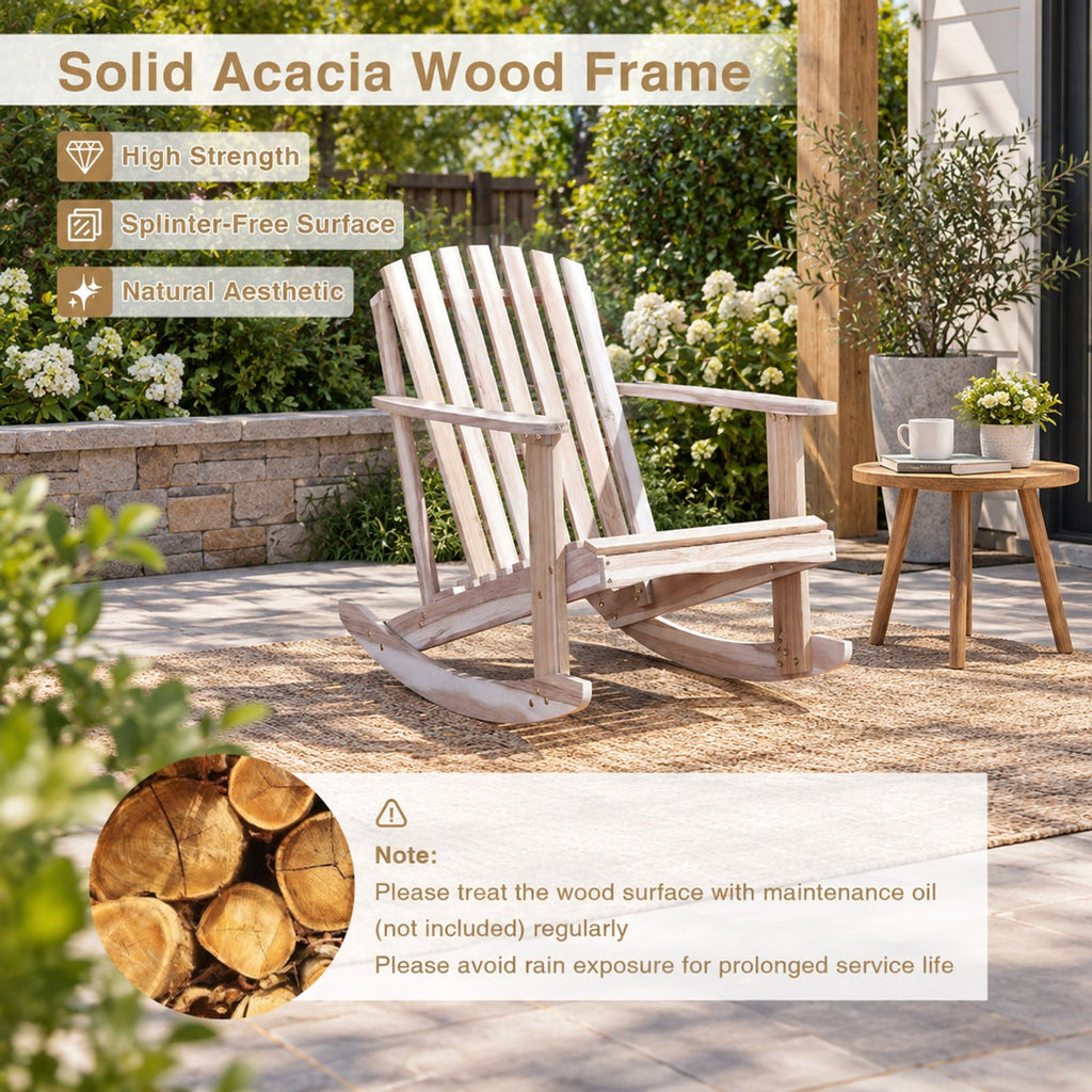 Airfind Adirondack Rocking Chair with Slatted Seat and High Fanned Back, 400 lbs Capacity, Acacia Wood Frame, 37 Inch x 29.5 Inch x 35 Inch Footprint, Natural