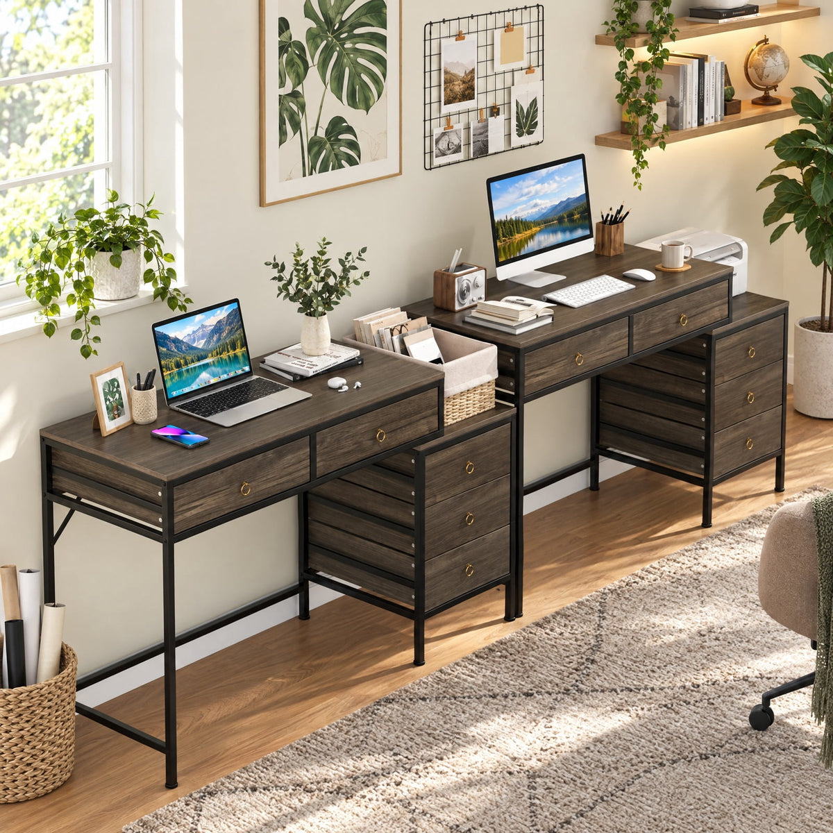 Airfind Computer Desk with 5 Drawers Home Office Desk with Side File Cabinet, 380 lbs Capacity, Engineered Wood Metal MDF Frame, Grey