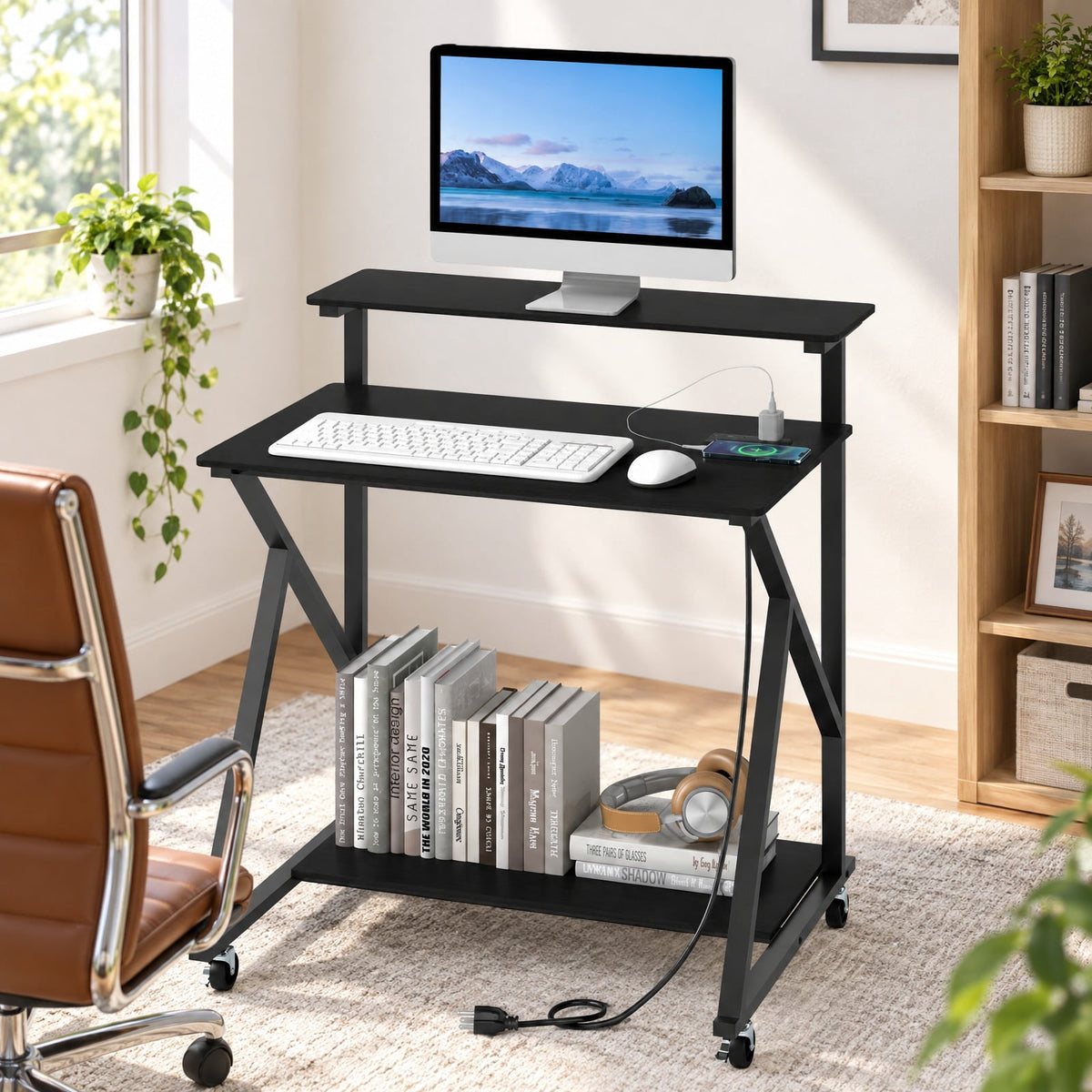 Airfind 32 Inch Rolling Computer Desk for Small Spaces with Power Outlets, 155 lbs Capacity, Engineered Wood Metal Frame, Black