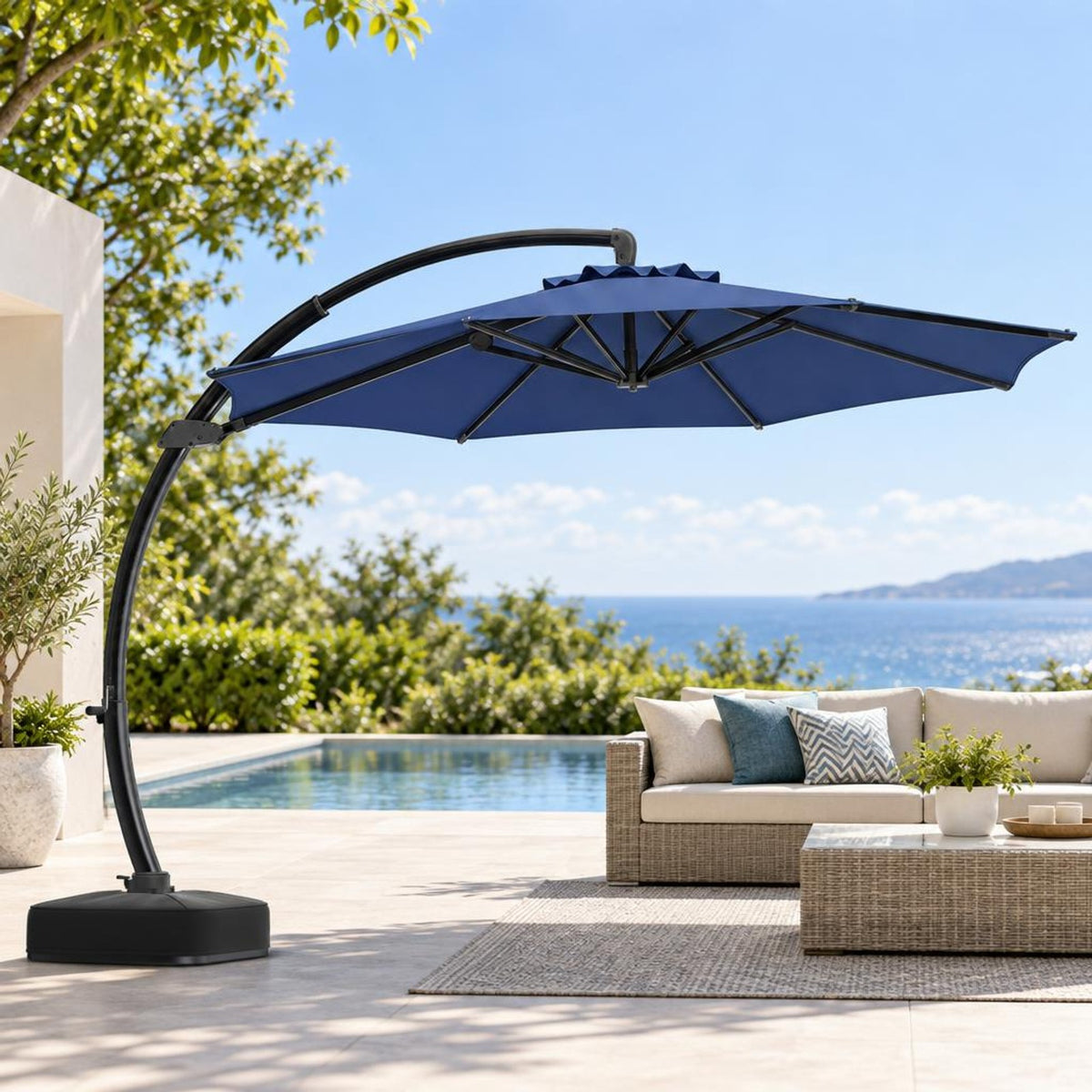 Airfind 11 FT Cantilever Patio Umbrella with Base with 360° Rotation and Tilt Adjustment, Polyester Fabric Aluminum Metal Frame, Navy