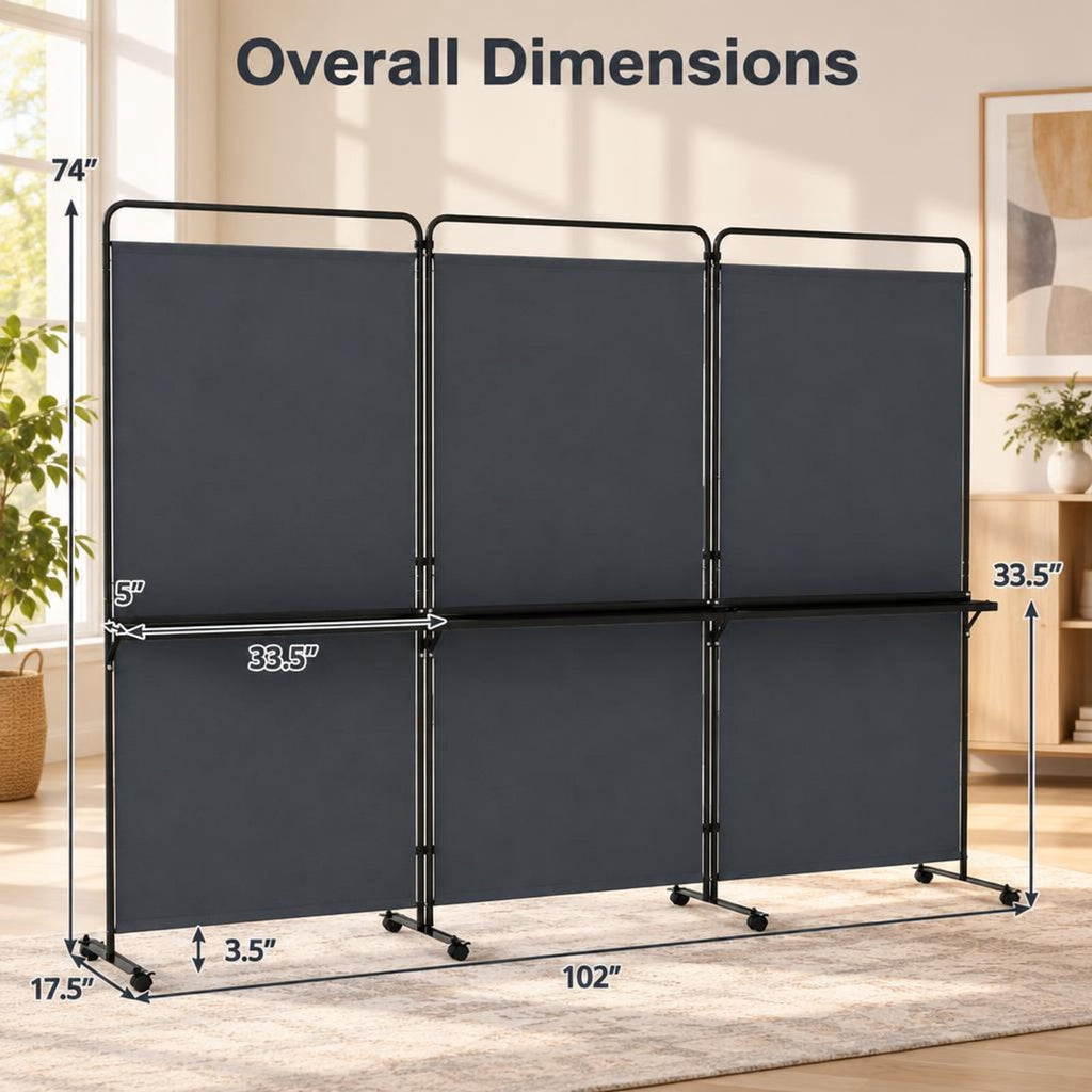 Airfind 3-Panel Room Divider with Shelves 6 FT Tall Folding Privacy Screen with Lockable Wheels, Polyester Fabric Metal Frame, Grey