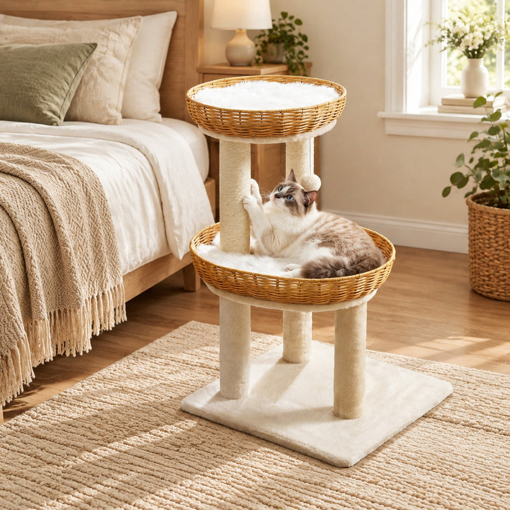 Airfind 30-Inch Cat Tower with 2 Rattan Cat Baskets for Indoor Kittens, 33 lbs Capacity, Engineered Wood Metal Sisal PE Rattan Fabric Frame, Beige