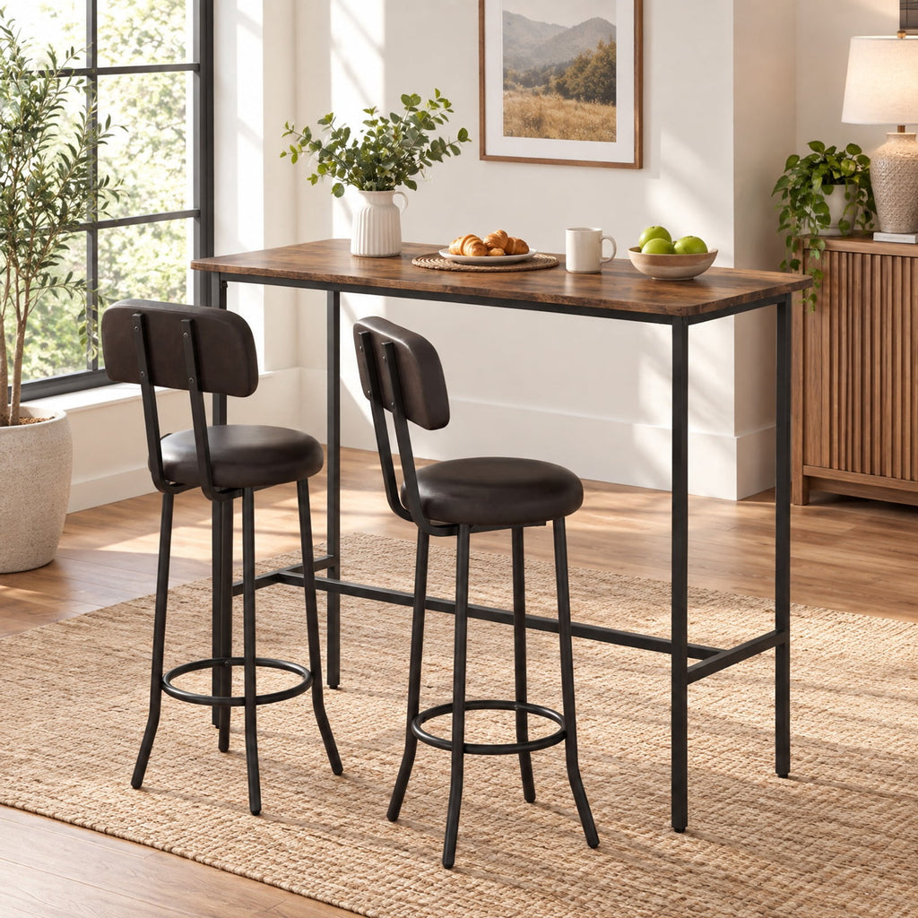 Airfind 3-Piece Industrial Bar Table Set with 2 Upholstered Stools and Footrests for Dining Room, 220 lbs Capacity, 40 × 16 × 36 Footprint, Brown