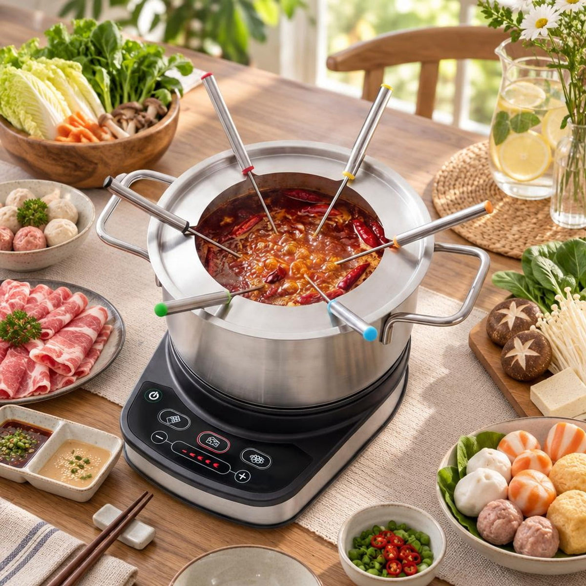 Airfind 1200W Electric Fondue Pot Set with 3.2 QT Removable Pot 6 Color, Stainless Steel PBT Frame, 9.5 × 7 × 3 Footprint, Silver + Black