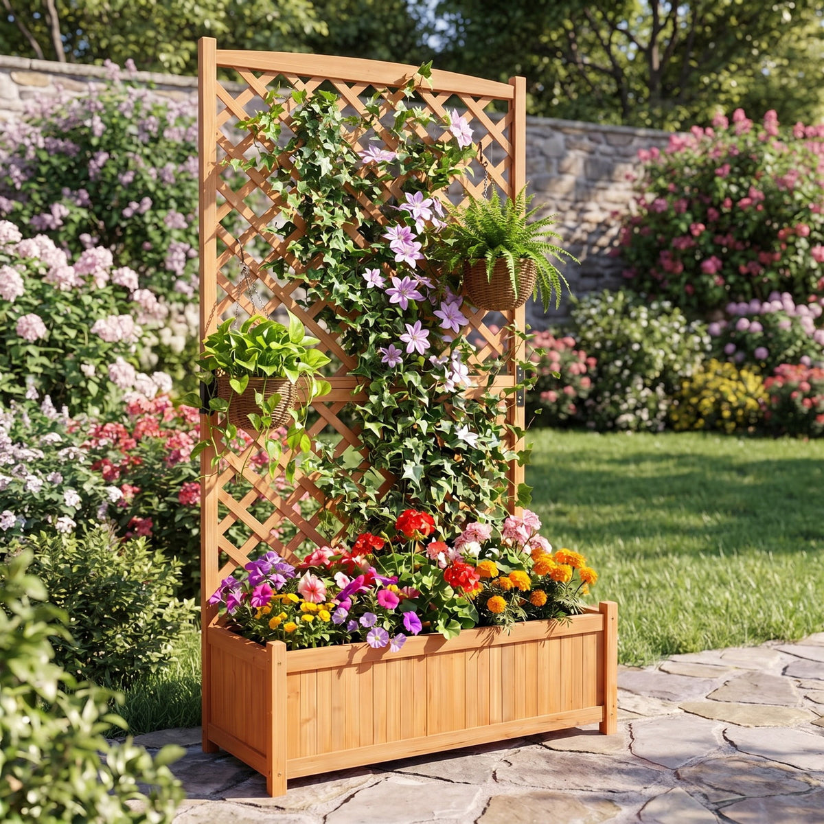 Airfind Planter Raised Bed with Trellis for Plant Flower Climbing, 66 lbs Capacity, Fir wood metal Frame, Orange