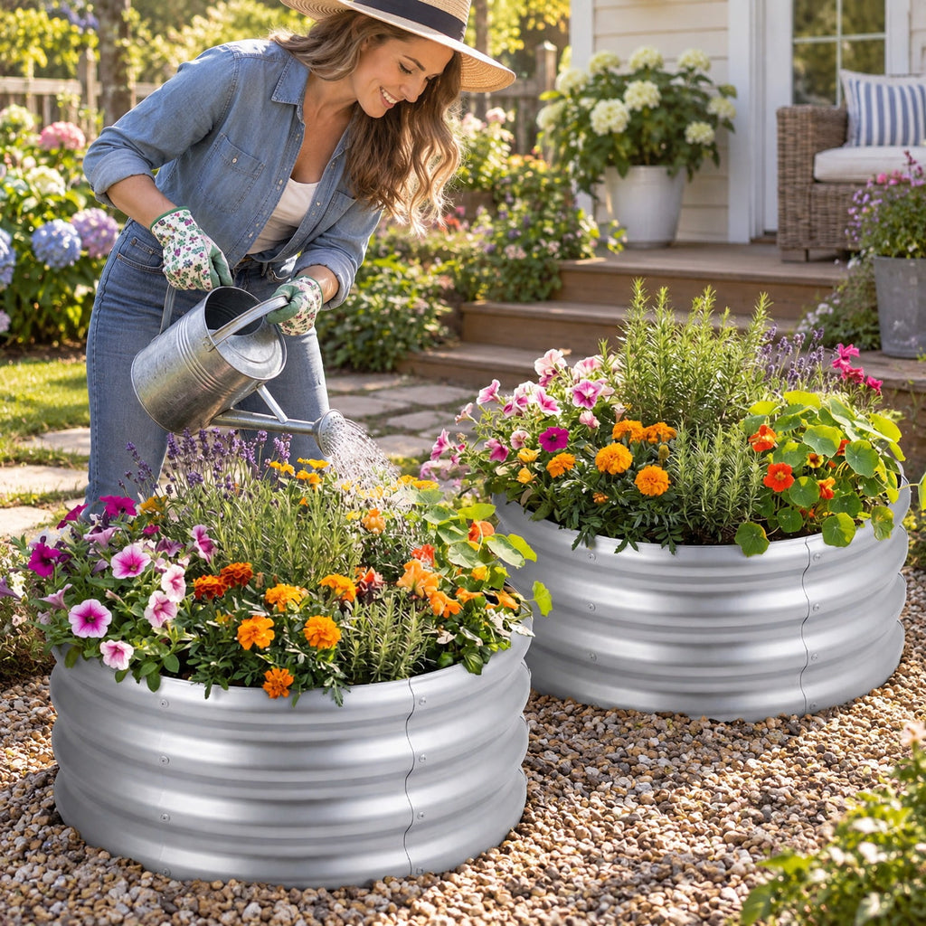 Airfind Round Galvanized Raised Garden Bed with Open-Ended Base, Galvanized Metal S Frame, 24 x 24 x 11.5 Footprint, Sliver