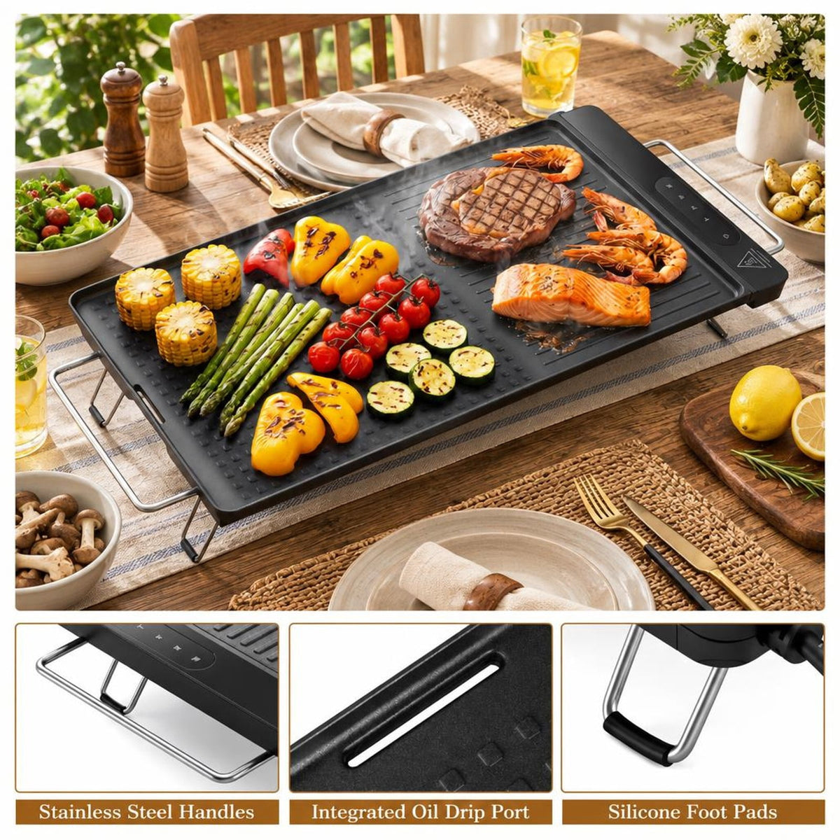 Airfind 1300W Indoor Electric Grill featuring Removable Touch Panel, Die Cast Aluminum Stainless Steel Frame, 23.5 Inch x 11.02 Inch x 2.95 Inch Footprint, Black