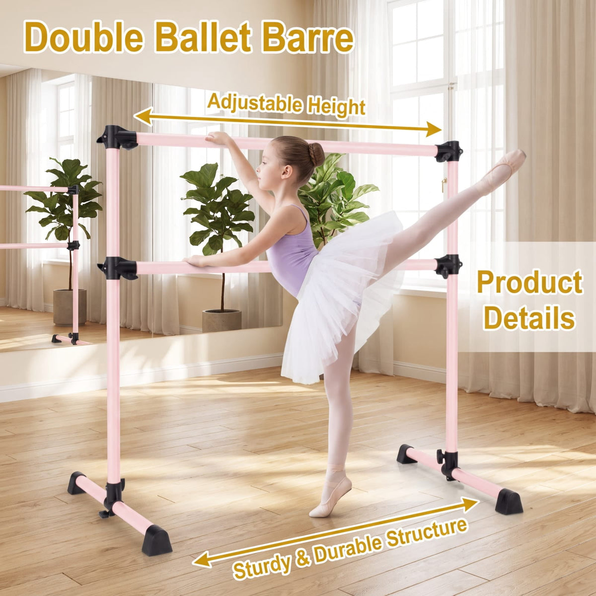 Airfind 4 Feet Double Ballet Barre with Adjustable Height and Anti Skid Pads for Home Dance Studio Stretching and Practice, Pink