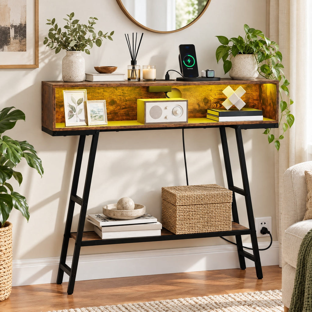 AIRFIND Console Table with Charging Station and RGB LED Lights, 40 inch Narrow Sofa Table with Open Storage and Metal Frame, Rustic Brown