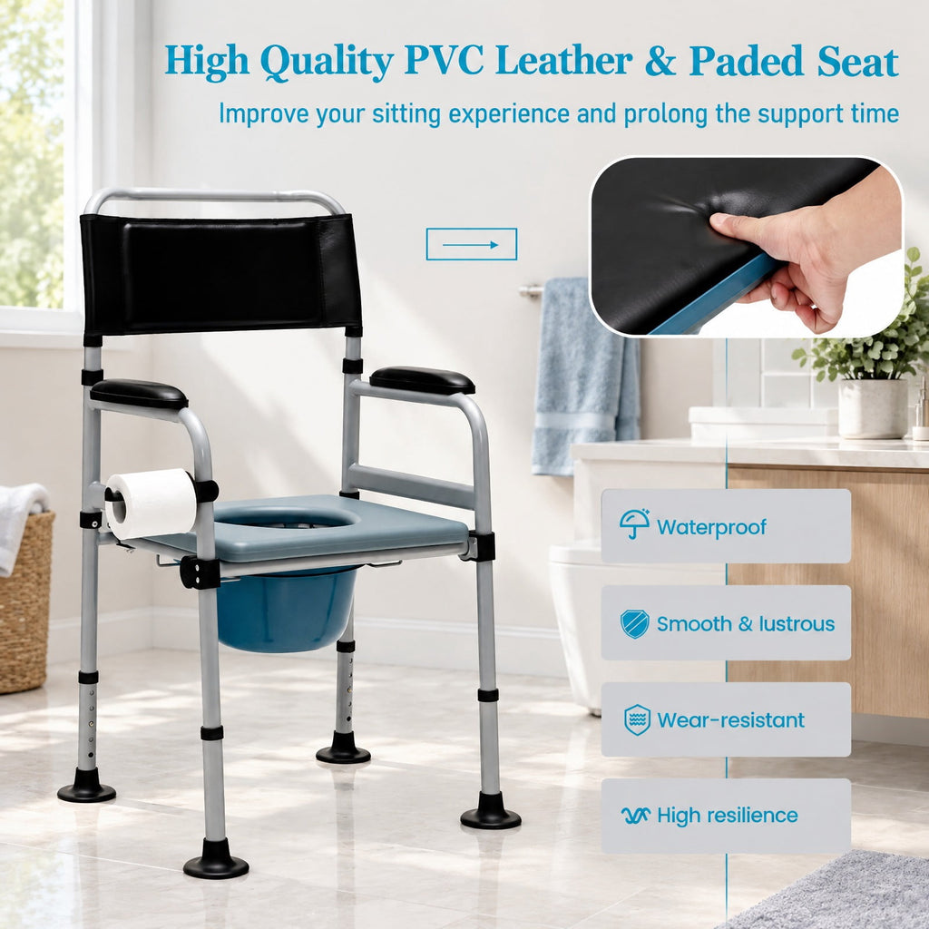 Airfind 4-in-1 Folding Bedside Commode Chair with Detachable Bucket and Towel Holder, 440 lbs Capacity, Carbonized Steel PVC Leather Frame, Silver