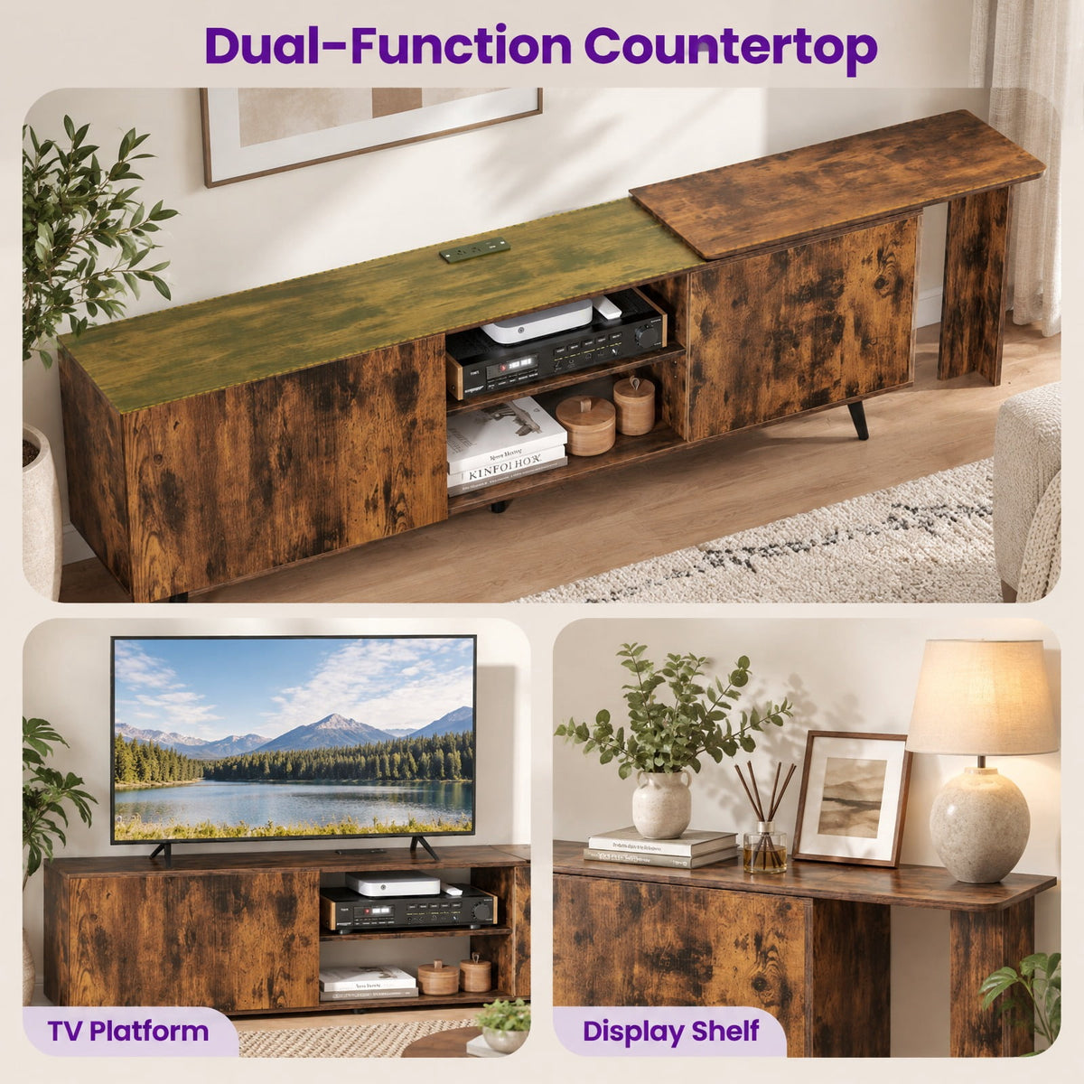 Airfind TV Stand for TVs up to 85 Inch with 2 Wall Shelves and Charging Station, 420 lbs Capacity, Engineered Wood Frame, Brown