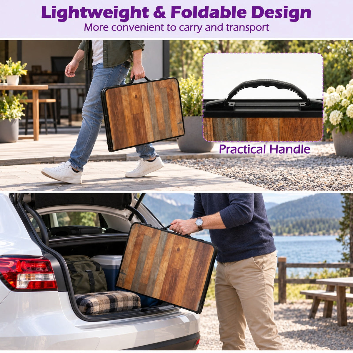 Airfind Folding Camping Table with Adjustable Heights Storage Net and Handle-Black and Brown, 135 lbs Capacity, 37 Inch x 24 Inch x 16 Inch Footprint, Black