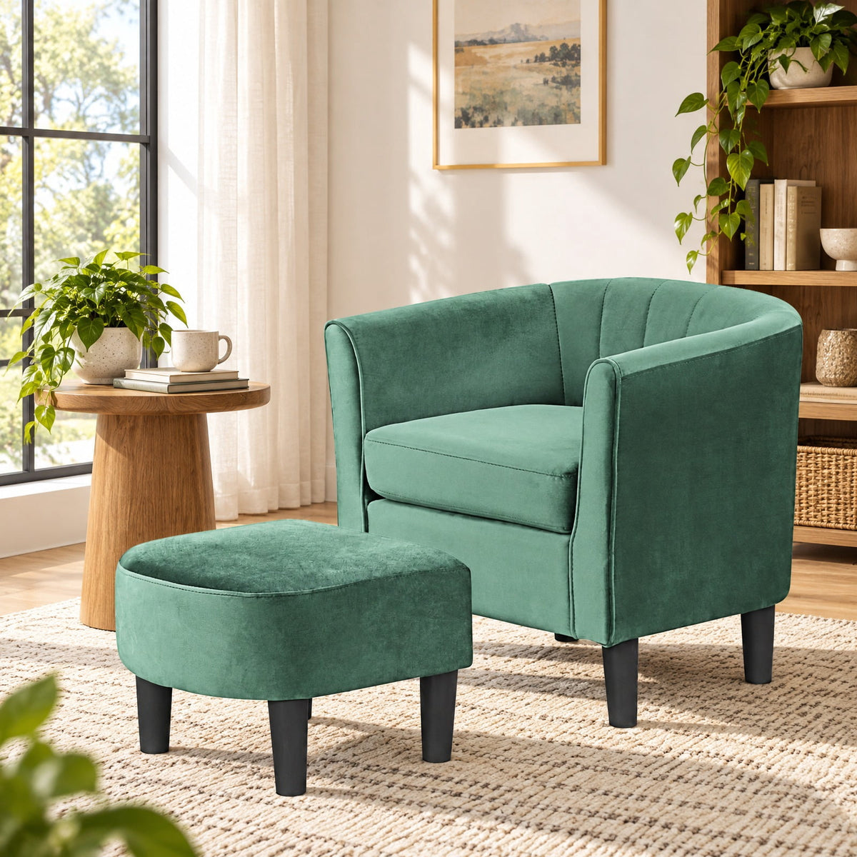 Airfind Upholstered Teddy Velvet Club Barrel Chair with Ottoman with Footrest, Velvet/ Teddy Velvet Sponge Plywood Plastic Frame, Green