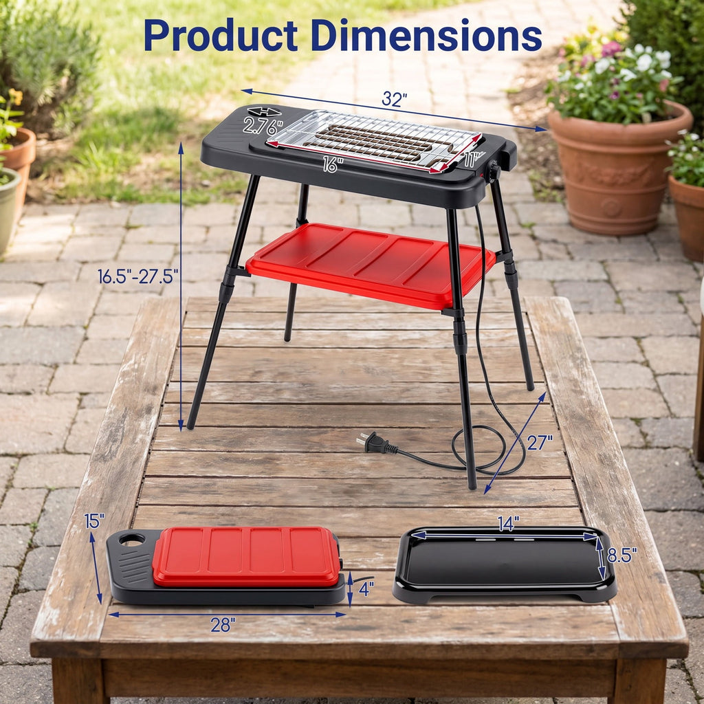 Airfind 1500W 2-in-1 Electric Grill featuring Detachable Stand and Dual Plates for Balcony, Metal PP Electroplated Chrome Enamel Zinc Sheet Frame, Red